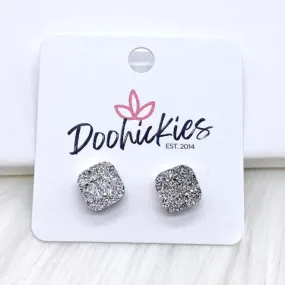 10mm Glitter Square Earrings - Silver