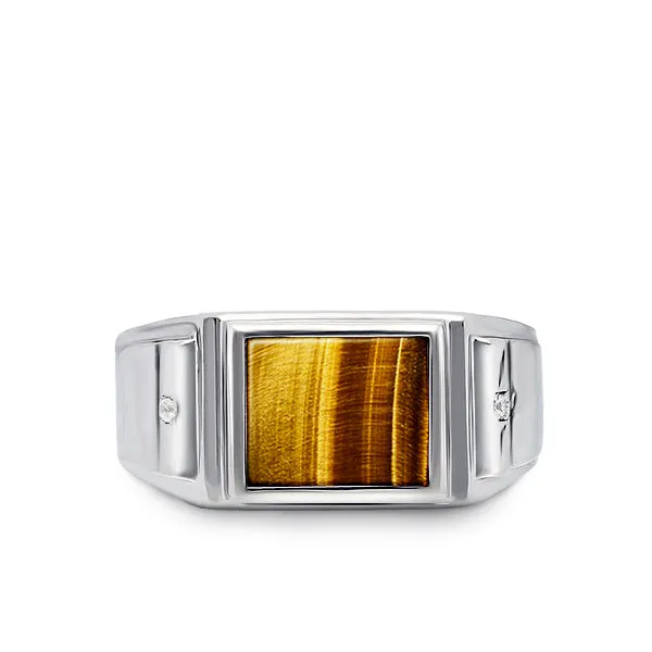 14K White Gold Ring For Men with Tiger's Eye Stone and 0.04ct Natural Diamonds