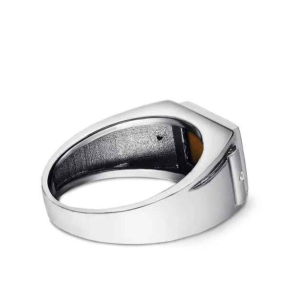 14K White Gold Ring For Men with Tiger's Eye Stone and 0.04ct Natural Diamonds