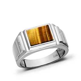 14K White Gold Ring For Men with Tiger's Eye Stone and 0.04ct Natural Diamonds