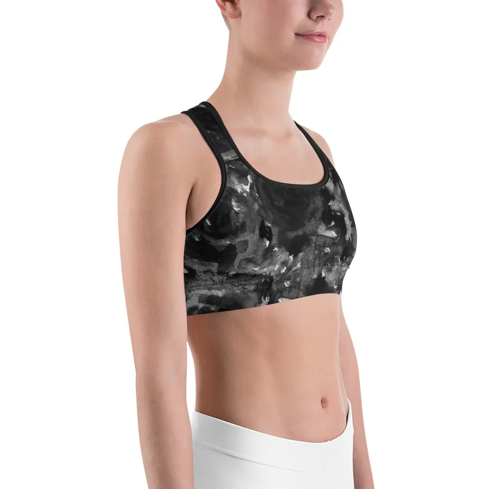 Black Rose Sports Bra, Abstract Floral Women's Fitness Bra- Made in USA (US Size:XS-2XL)