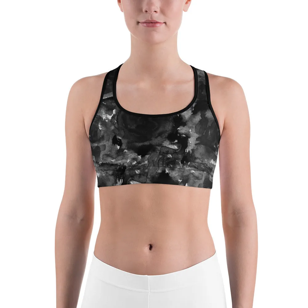 Black Rose Sports Bra, Abstract Floral Women's Fitness Bra- Made in USA (US Size:XS-2XL)