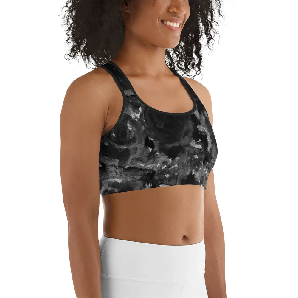 Black Rose Sports Bra, Abstract Floral Women's Fitness Bra- Made in USA (US Size:XS-2XL)