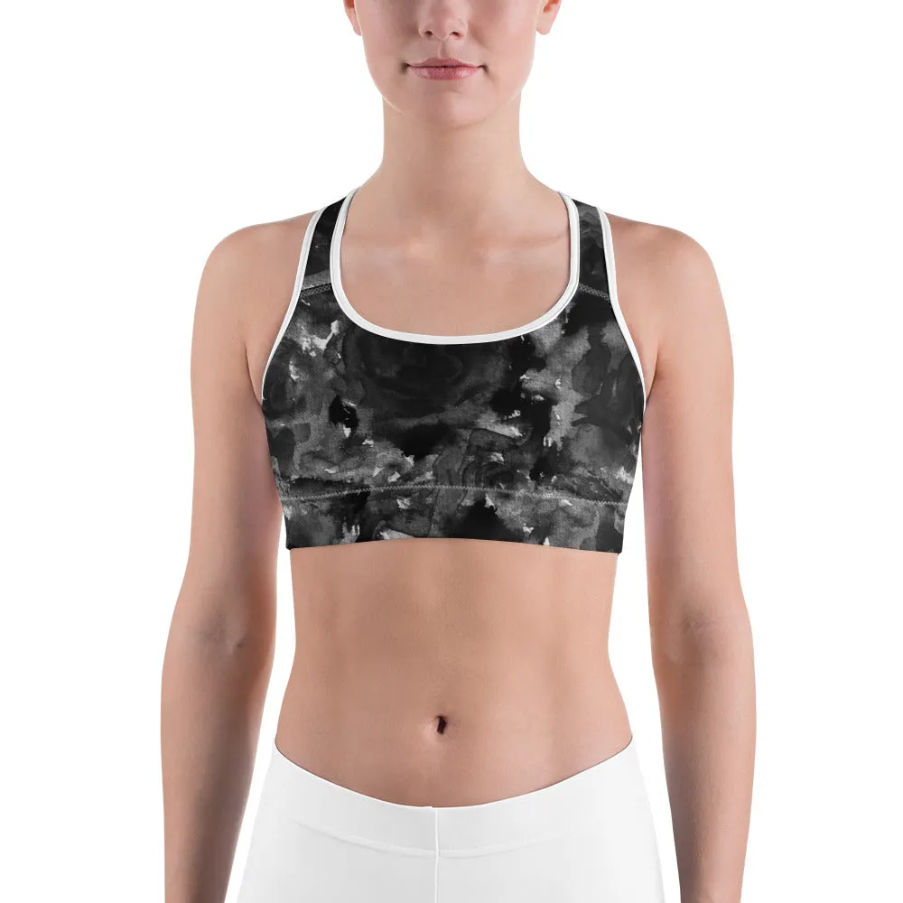 Black Rose Sports Bra, Abstract Floral Women's Fitness Bra- Made in USA (US Size:XS-2XL)