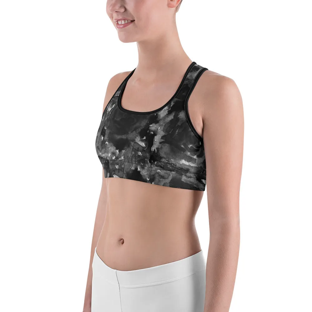 Black Rose Sports Bra, Abstract Floral Women's Fitness Bra- Made in USA (US Size:XS-2XL)