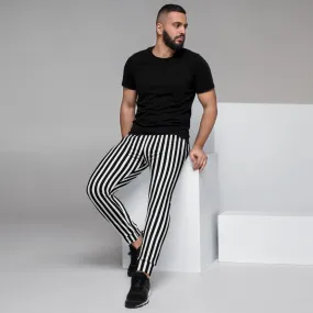 Black White Striped Men's Joggers, Best Vertically Stripe Sweatpants For Men-Made in EU/MX