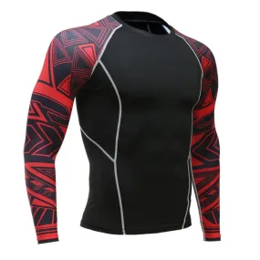 Crimson Abstract Long Sleeve No Gi BJJ Compression Rash Guard for Jiu Jitsu, MMA, Grappling and Wrestling