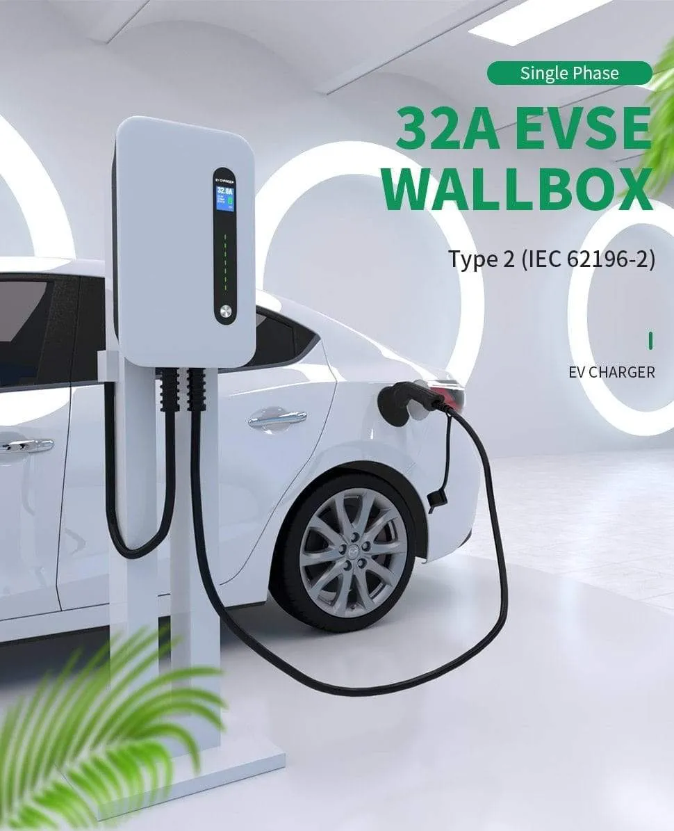 EV Charging Station Cable 32A Electric Vehicle Car Charger EVSE Wallbox Wall Mount Type 2 Cable IEC 62196-2 Level 2 240V 7.6KW