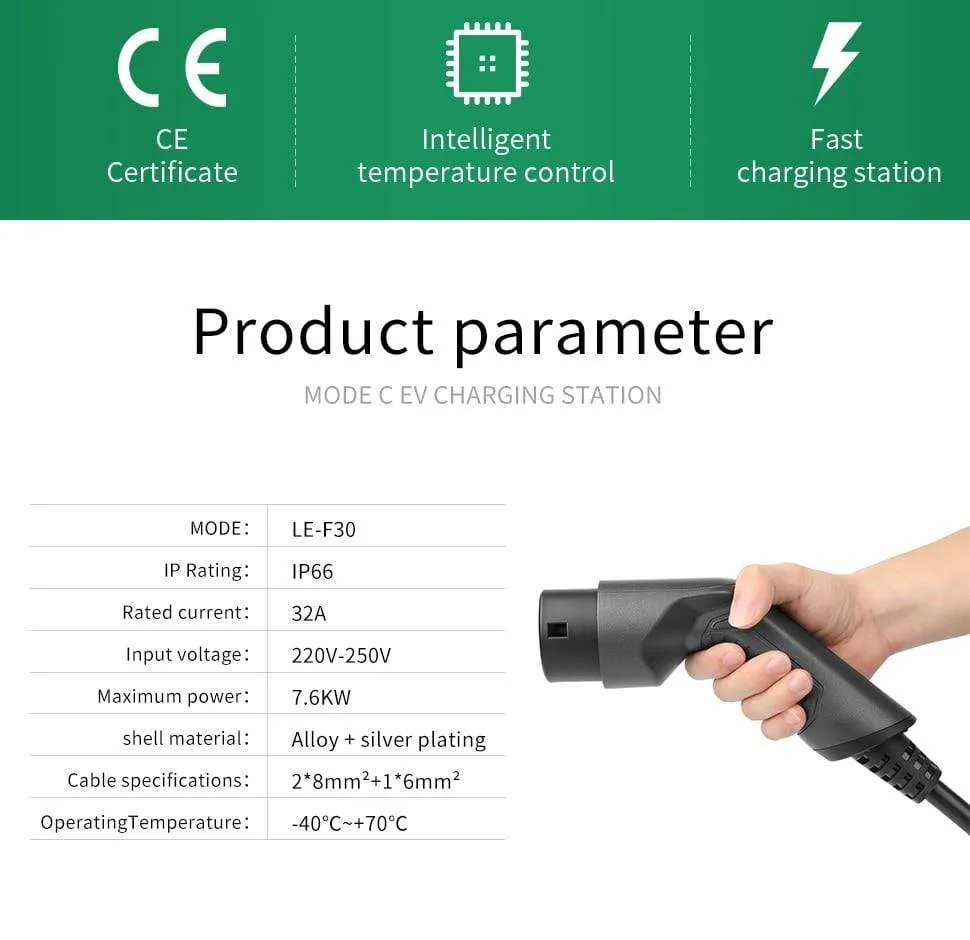 EV Charging Station Cable 32A Electric Vehicle Car Charger EVSE Wallbox Wall Mount Type 2 Cable IEC 62196-2 Level 2 240V 7.6KW