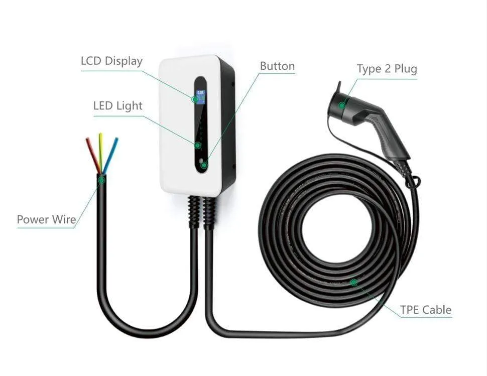 EV Charging Station Cable 32A Electric Vehicle Car Charger EVSE Wallbox Wall Mount Type 2 Cable IEC 62196-2 Level 2 240V 7.6KW