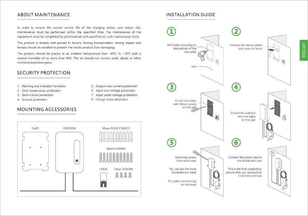 EV Charging Station Cable 32A Electric Vehicle Car Charger EVSE Wallbox Wall Mount Type 2 Cable IEC 62196-2 Level 2 240V 7.6KW