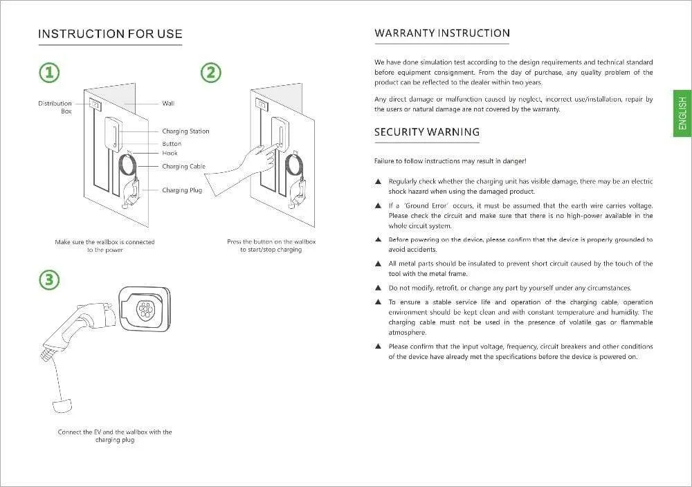 EV Charging Station Cable 32A Electric Vehicle Car Charger EVSE Wallbox Wall Mount Type 2 Cable IEC 62196-2 Level 2 240V 7.6KW