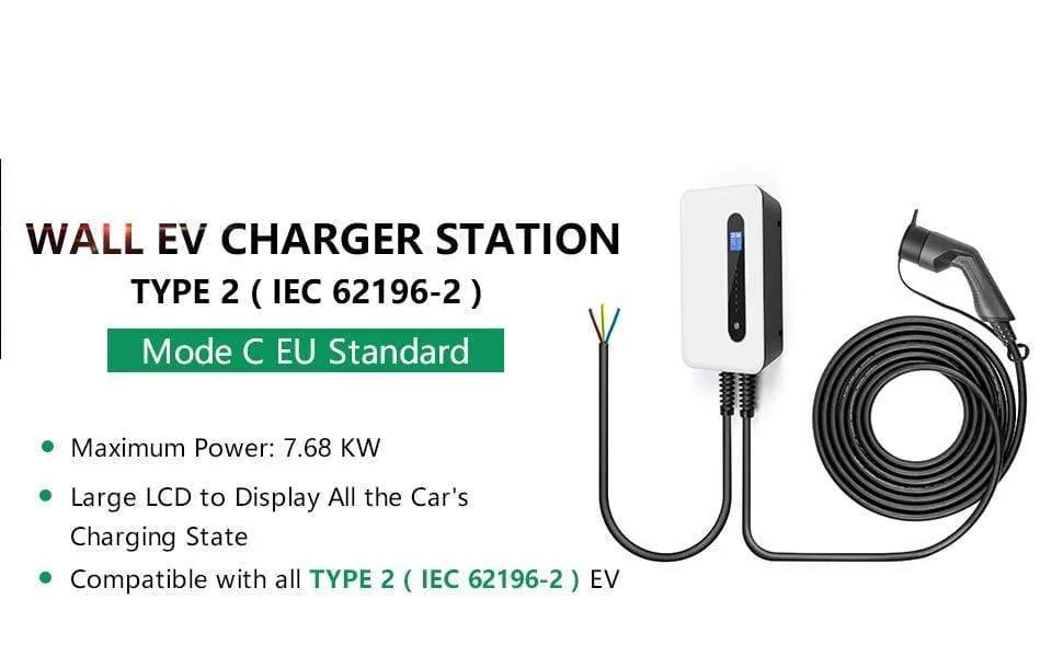 EV Charging Station Cable 32A Electric Vehicle Car Charger EVSE Wallbox Wall Mount Type 2 Cable IEC 62196-2 Level 2 240V 7.6KW