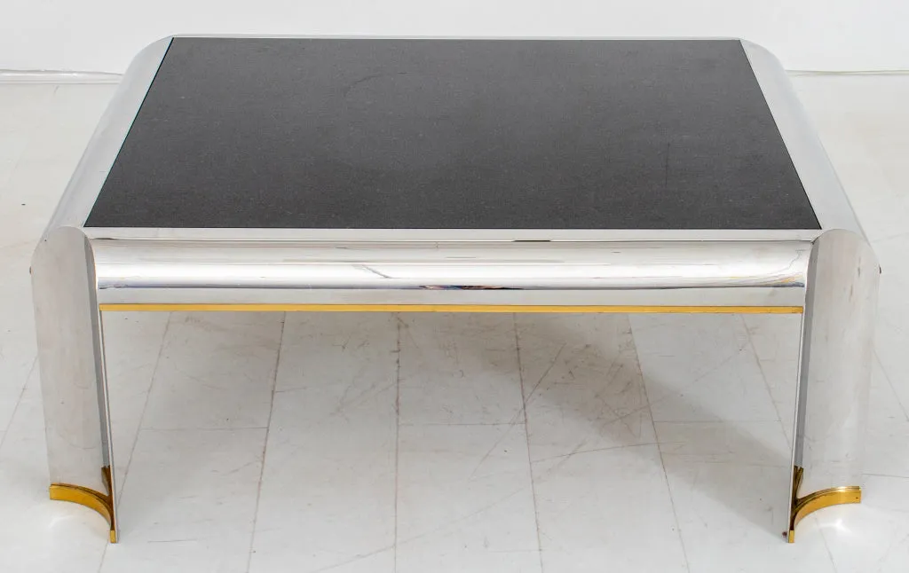 Karl Springer Style Chrome Marble Top Coffee Table