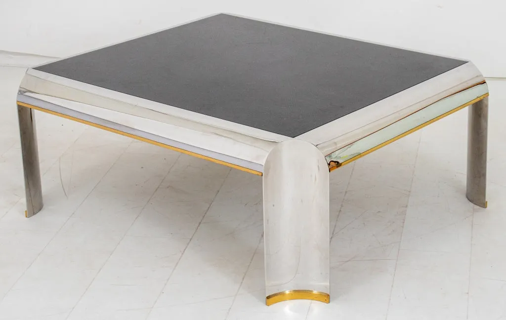 Karl Springer Style Chrome Marble Top Coffee Table