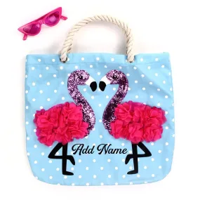 Personalized Rope Tote Bag with Sunglasses - Flamingos