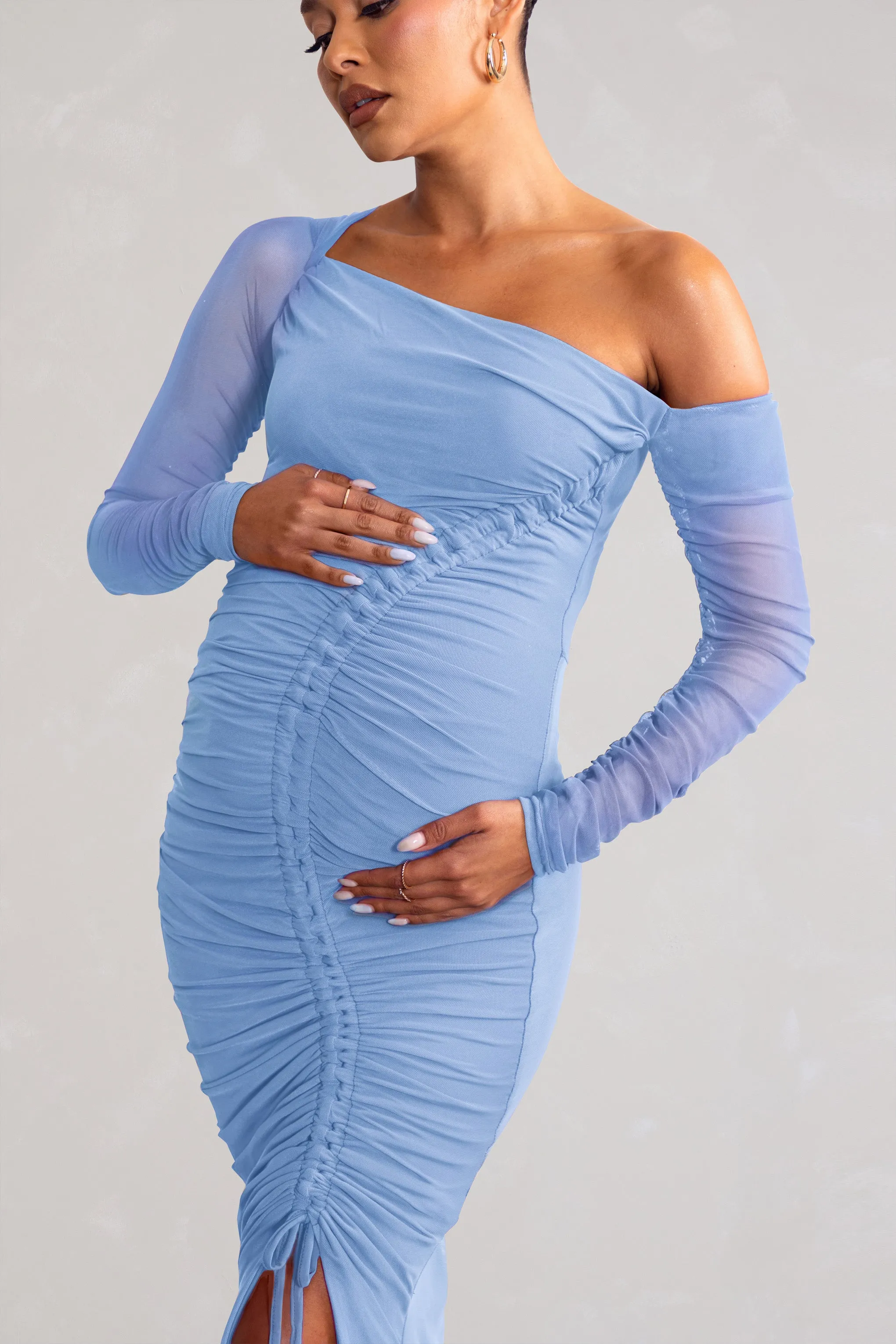 Sweet Dreams | Robe mi-longue de grossesse asymetrique et froncee bleu pastel