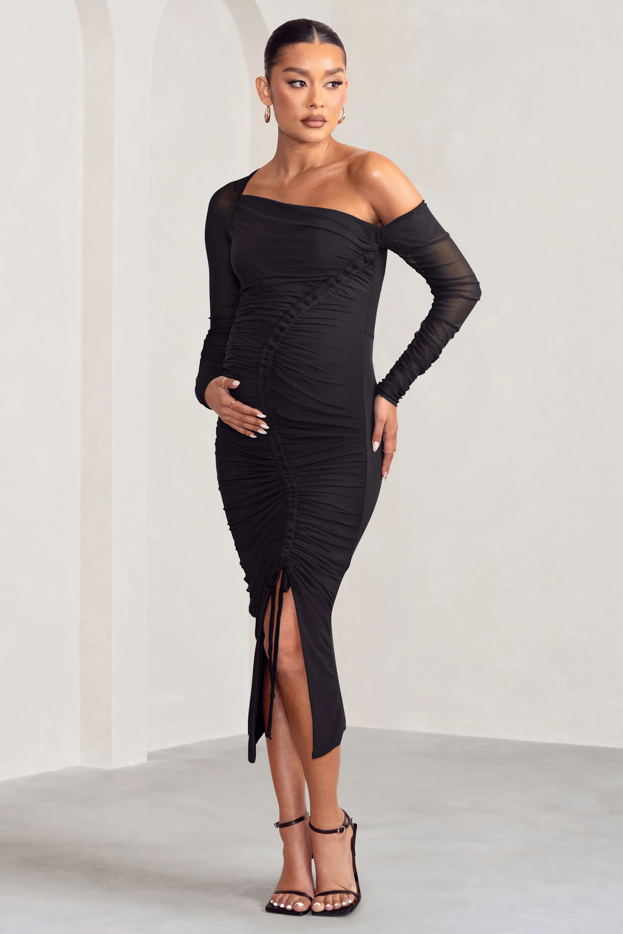 Sweet Dreams | Robe mi-longue de grossesse asymetrique et froncee noire